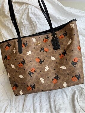 RARE Coach City Tote Brown Halloween Print Tote with Black Trim